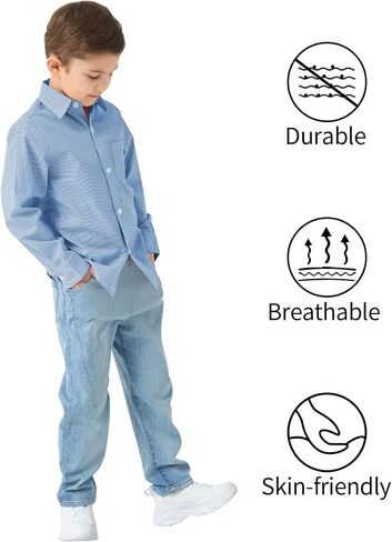 زر QBK Boys الأكمام الطويلة أسفل القمصان Oxford Dress Shirt قميص مخطط مخطط لمدة 2T-16 سنوات in Kuwait