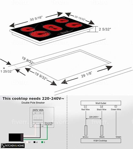 K&H 5 Burner 30 Inch Built-in Electric Stove Top Radiant Ceramic Cooktop Touch Control 240V 8600W CE30-8608 in Saudi Arabia