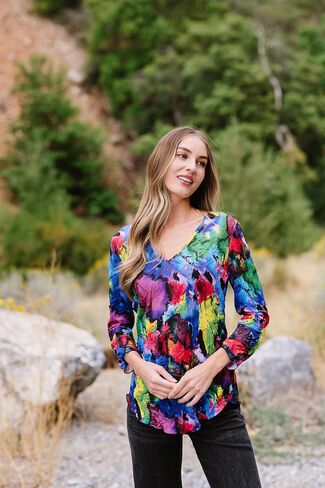 Printed Crinkle Mesh Blouse - Designer Hand-Finished Shirts for Women in Kuwait