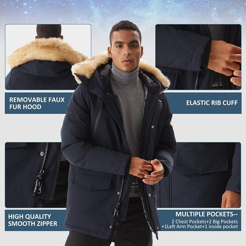 Molemsx Long Jacket For Men Down Coats For Men, Men's Winter Jacket Warm Parka Puffer Jacket Men's Down Jackets & Coats Winter Down Jacket for Cold Weather with Hood Faux-Fur Trim Black L-Regular in Saudi Arabia