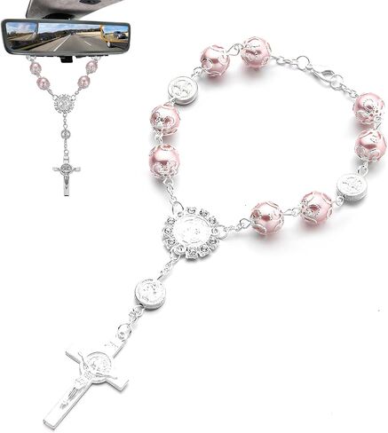 Car Rosary for Rearview Mirror, Personalized Blessing Hanging Pendant for Car Rear View Mirror, Cross Rosary Ornament Interior Decor for Most Vehicles, Car Accessories (Pink) in Kuwait