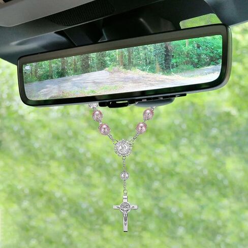 Car Rosary for Rearview Mirror, Personalized Blessing Hanging Pendant for Car Rear View Mirror, Cross Rosary Ornament Interior Decor for Most Vehicles, Car Accessories (Pink) in Kuwait