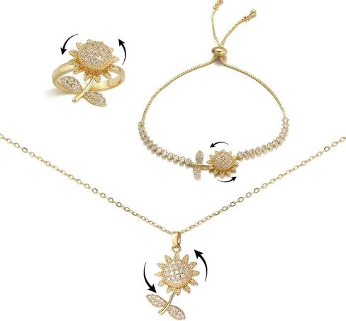 Spinning Sunflower Bracelet for Women Sunflower Fidget Necklace Ring Gold Zircon Jewelry Set for Anxiety Worry Relieving Adjustable Flower Jewelry Accessories Gifts in Saudi Arabia