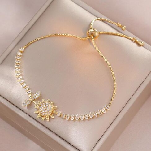 Spinning Sunflower Bracelet for Women Sunflower Fidget Necklace Ring Gold Zircon Jewelry Set for Anxiety Worry Relieving Adjustable Flower Jewelry Accessories Gifts in Saudi Arabia