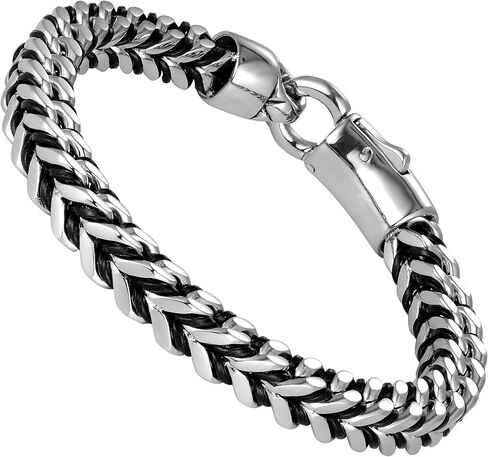 Handsome Men’s Bracelet – Mesmerizing Silver Finish Foxtail Chain with Black Genuine Leather Detail – Rust & Discoloration Resistant Stainless Steel Chain – Jewelry Gift or Accessory for Men in Kuwait