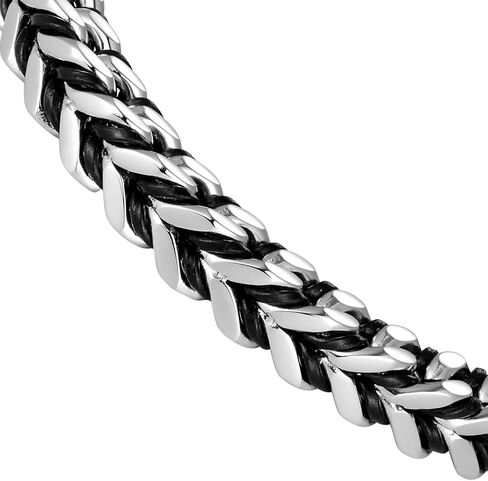 Handsome Men’s Bracelet – Mesmerizing Silver Finish Foxtail Chain with Black Genuine Leather Detail – Rust & Discoloration Resistant Stainless Steel Chain – Jewelry Gift or Accessory for Men in Kuwait