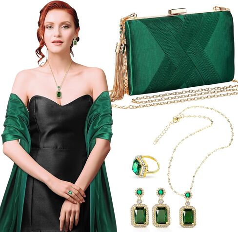 Jadive 5 Pcs Evening Bags for Women Satin Shawl Wrap Jewelry Set, Evening Bag Earrings Necklace Ring for Wedding Bridal Dresses Prom Night out Party Vintage Banquet Accessories in Kuwait