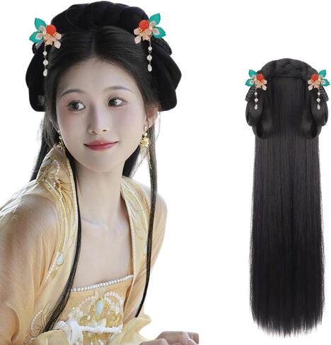 Retro Chinese Vintage شعر مستعار قديم على النمط الصيني القديم لفتاة Geisha عقال الشبكة Wig Retro Headwear Wigs Bun Bun Bun Cosplay (الحجم: شعر مستعار+headwear1) in Saudi Arabia