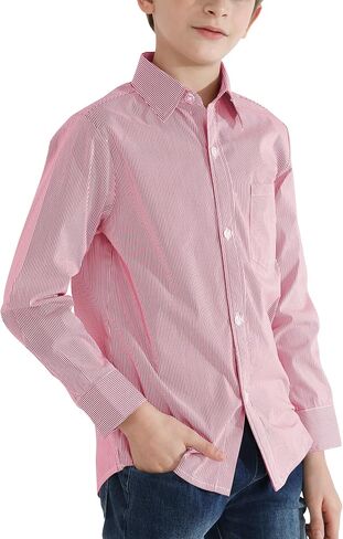 زر QBK Boys الأكمام الطويلة أسفل القمصان Oxford Dress Shirt قميص مخطط مخطط لمدة 2T-16 سنوات in Kuwait