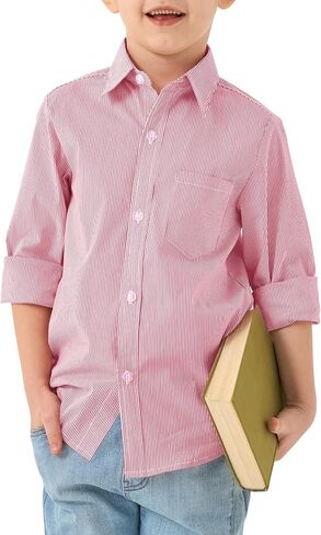 زر QBK Boys الأكمام الطويلة أسفل القمصان Oxford Dress Shirt قميص مخطط مخطط لمدة 2T-16 سنوات in Kuwait