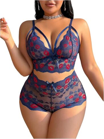 WDIRARA Women's Plus Size 2 Piece Lingerie Set Lip Print Lace Bra and Panty Set in Saudi Arabia