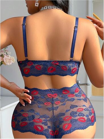 WDIRARA Women's Plus Size 2 Piece Lingerie Set Lip Print Lace Bra and Panty Set in Saudi Arabia
