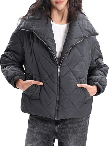 Xintianji Women Quilted Outerwear Turn-Down Collar Coats - Long Sleeve Zip Winter Jacket with Pockets in Saudi Arabia
