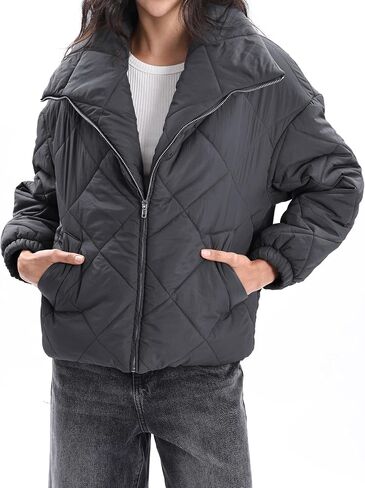 Xintianji Women Quilted Outerwear Turn-Down Collar Coats - Long Sleeve Zip Winter Jacket with Pockets in Saudi Arabia