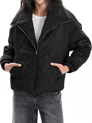Xintianji Women Quilted Outerwear Turn-Down Collar Coats - Long Sleeve Zip Winter Jacket with Pockets in Saudi Arabia