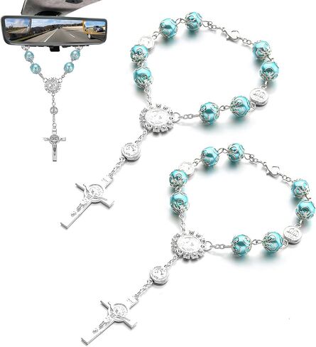 Car Rosary for Rearview Mirror, Personalized Blessing Hanging Pendant for Car Rear View Mirror, Cross Rosary Ornament Interior Decor for Most Vehicles, Car Accessories (Pink) in Kuwait
