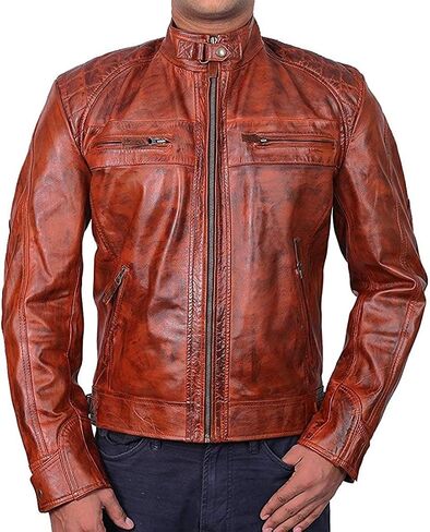 SAMS Men Diamond Quilted Real Leather Jacket - Distressed Brown Motorcycle Jacket - Vintage Cafe Racer Retro Bicker Jacket in Saudi Arabia
