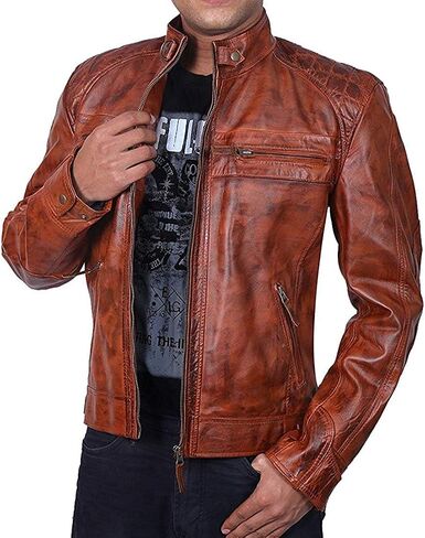 SAMS Men Diamond Quilted Real Leather Jacket - Distressed Brown Motorcycle Jacket - Vintage Cafe Racer Retro Bicker Jacket in Saudi Arabia