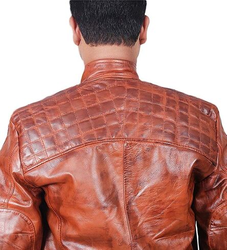 SAMS Men Diamond Quilted Real Leather Jacket - Distressed Brown Motorcycle Jacket - Vintage Cafe Racer Retro Bicker Jacket in Saudi Arabia
