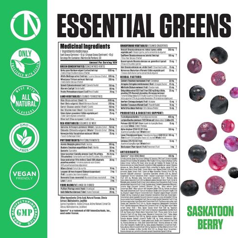 Essential Greens Powder | Optimize Health + Energy | Spectra, Organic Matcha, Spirulina, More | Probiotics & Digestion Support, Antioxidants | Stevia Sweetened, Saskatoon Berry,30 Serv, Non-GMO, Vegan in Saudi Arabia