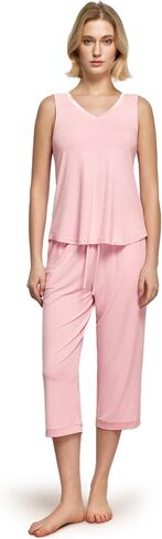 Bamboo Viscose Women's Pajama Sets V Neck Tank Tops with Capri Pants Two-piece Lounge Sets in Saudi Arabia