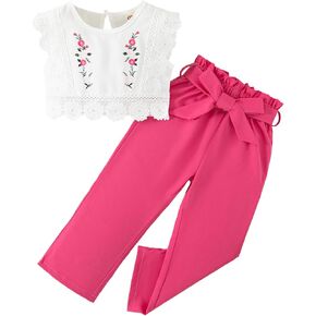 Toddler Girls Sleeveless Patchwork Embroidered Lace Top and Pants 2PC Summer Clothing Set