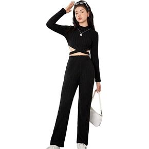 Floerns Girl's 2 Piece Outfit Solid Criss Cross Long Sleeve Crop Top and Pants Set