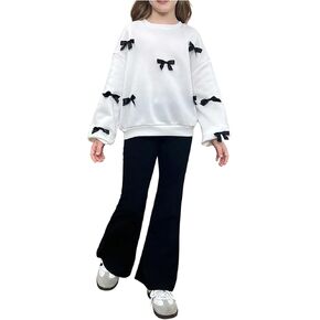 Girl's 2 Piece Outfits Cute Bow Print Long Sleeve Sweatshirt and Flared Pants Set