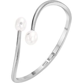 14K White/Yellow Gold Plated Silver Bracelet With 10mm Freshwater Cultured Pearl and 0.02 TCW Lab Grown Diamond Round Brilliant Shape, Bracelet For Women, Gift For Her Jewelry For Women