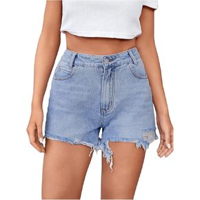 WDIRARA Women's High Waist Ripped Raw Hem Stretchy Denim Shorts with Pockets