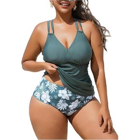 COZYEASE Women's Plus Size 2 Piece Tankini Swimsuit Boho Floral Criss Cross Bathing Suit Beachwear