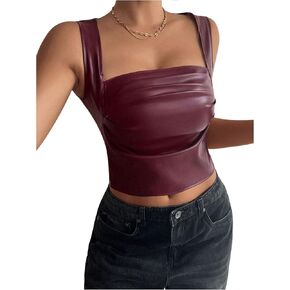 SOLY HUX Women's PU Leather Square Neck Tank Tops Sleeveless Slim Fitted Party Club Crop Top