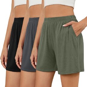 Neer 3 Pack Women's Casual Shorts Lounge Soft Summer Ribbed Elastic High Waisted Shorts Pocket Workout Athletic SweatShorts