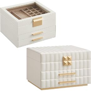 SONGMICS Jewelry Box with Glass Lid and Jewelry Organizer with Mirror Bundle, 3-Tier, with Drawers, PU Surface with Stitching, Modern, Gift Idea, Cloud White UJBC239WT and UJBC183W01