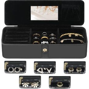 Travel Jewelry Organizer Box with Mirror – Leather Jewelry Case Gift for Women and Girls – 5 Anti-Tarnish Velvet Pouches, Ring Slots & Bracelet Pillow – Portable Jewelry Storage, Black