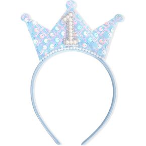 Blue 1th Birthday Headband - Tiara First Birthday Decorations, Glitter Sequin Crown Headband, Pearls Hair Accessories in Saudi Arabia