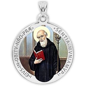 PicturesOnGold.com Saint Benedict Round Religious Medal Color - 1 Inch Size of a Quarter - Sterling Silver