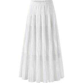 Maxi Skirts for Women Pleated Long Flowy Chiffon Elastic Waist Tiered A Line Skirt White Small