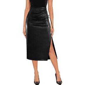 Women's High Waisted Faux Leather Asymmetrical Side Slit Work Going Out Bodycon Pencil Midi Skirt