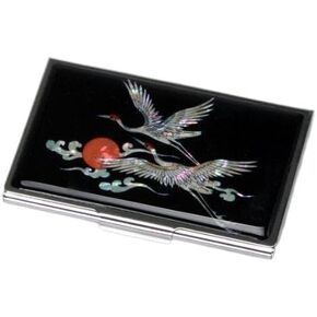 Mother of Pearl RFID Blocking Protection Red Sun Bird Metal Stainless Steel Engraved Slim Money Wallet Business Credit Name Card Case Holder with Crane and Cloud Design