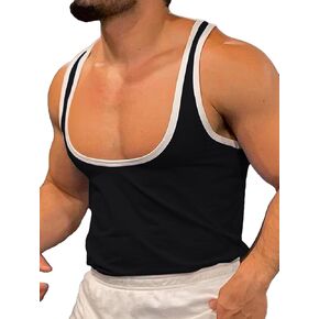 Men's Deep U Neck Tank Tops Solid Sleeveless Casual Gym Sports Loose Fit T Shirts Athletic Workout Basic Tees