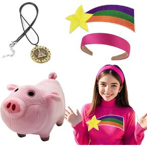 4PCS Cosplay Accessories Set with Mini Plush Pig Rainbow Shooting Star Sweater Patch Necklace and Headband for Girls Halloween Costume
