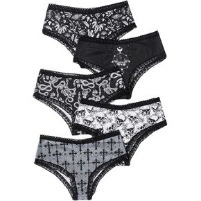 WDIRARA Women's Plus Size 5 Piece Goth Graphic Print Lace Trim Briefs Triangle Underwear Panties