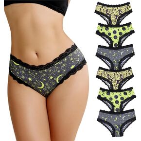 6pcs Lace Contrast Low Waist Briefs, Sexy Starry Print Scallop Trim Intimate Panties, Women's Lingerie & Underwear