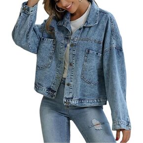 Women's Long Sleeve Oversized Denim Jacket Casual Loose Fit Jean Coat with Large Pockets