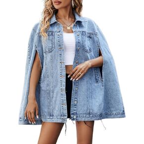 Women's Vintage Distressed Denim Jacket Sleeveless Buttoned Cape Coat