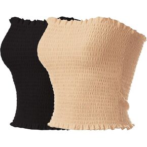 MixMatchy Women's Casual Basic Smocked Tube Tops Stretch Bustier Bandeau Crop Top 2 Pack