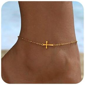 Ankle Bracelets for Women 18K Gold Plated Dainty Waterproof Cross Anklets Pearl Beaded Link Chain Anklet for Women Non Tarnish Summer Beach Foot Jewelry