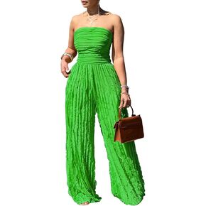 Tcremisa Women's Sexy Strapless Tube Jumpsuit Flowy Sleeveless Off Shoulder Wide Leg One Piece Ruffle Jumpsuits