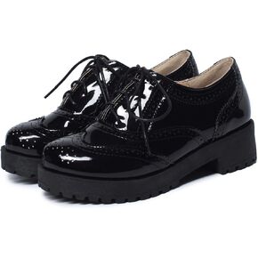 SHEMEE Patent Leather Chunky Mid Heels Wingtip Oxfords Lug Sole Brogues Platform Saddle Shoes for Women (Black,US 9)